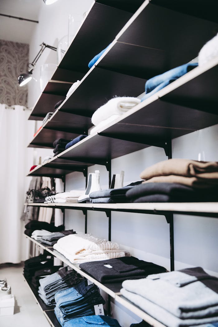 programs-02 Neatly organized shelves with folded clothes in a contemporary store setting.